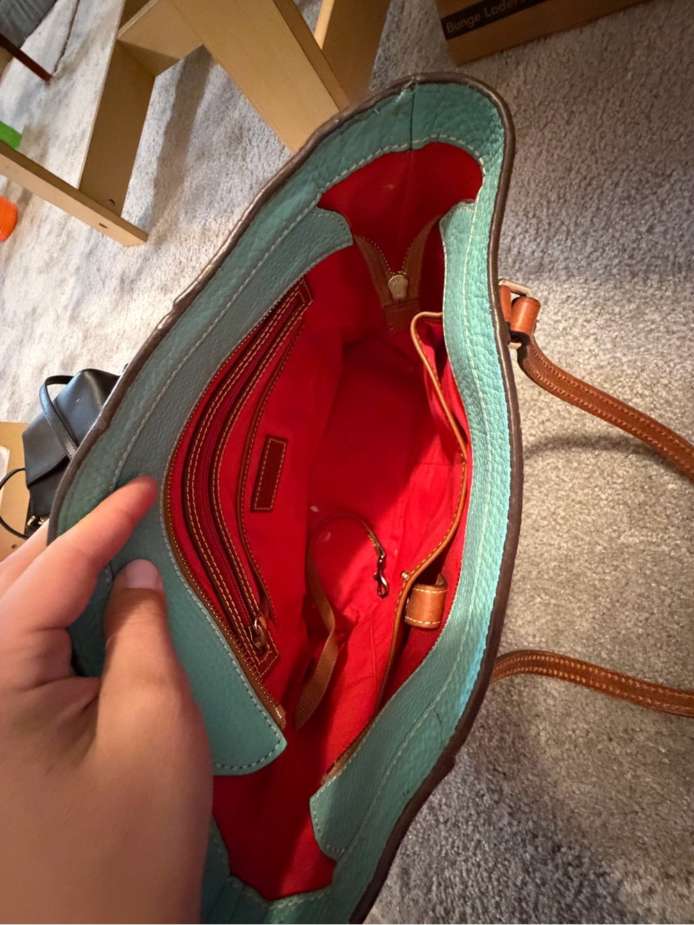 Dooney & Bourke Aqua Pebble Leather Tote with Brown Trim - Picture 3 of 3
